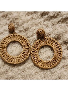 Tan Bohemian Circular Hoop Earrings with Woven Texture